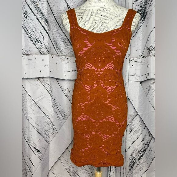 Free People Intimately Bodycon Mesh Crochet Dress Burnt Orange M/L - Picture 1 of 5